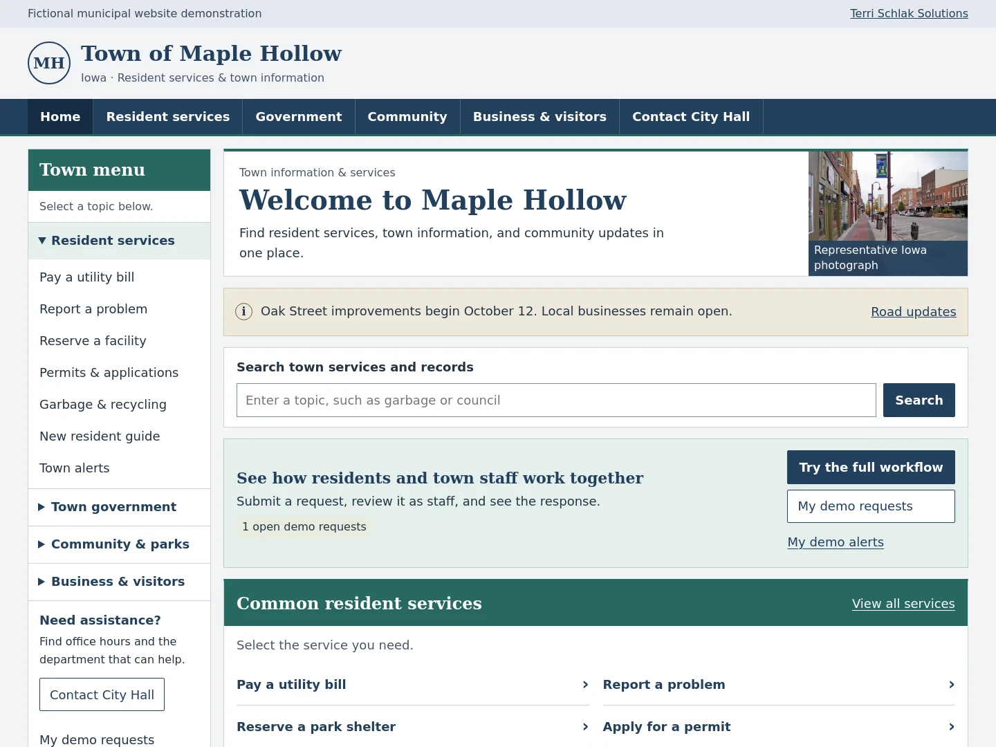 Maple Hollow municipal website homepage