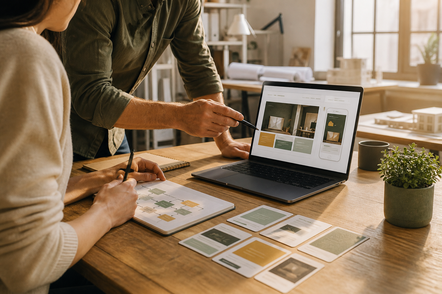 Two professionals reviewing website concepts and a workflow in a warm, sunlit studio